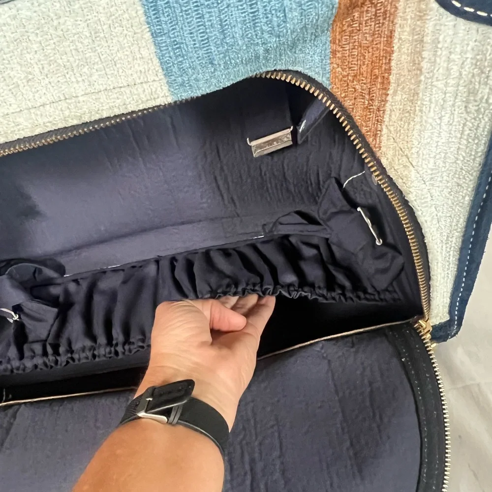 Vintage French Blue suede, striped fabric luggage, travel suitcase rare